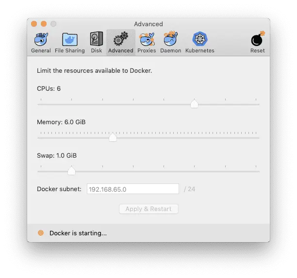Docker for Mac settings.