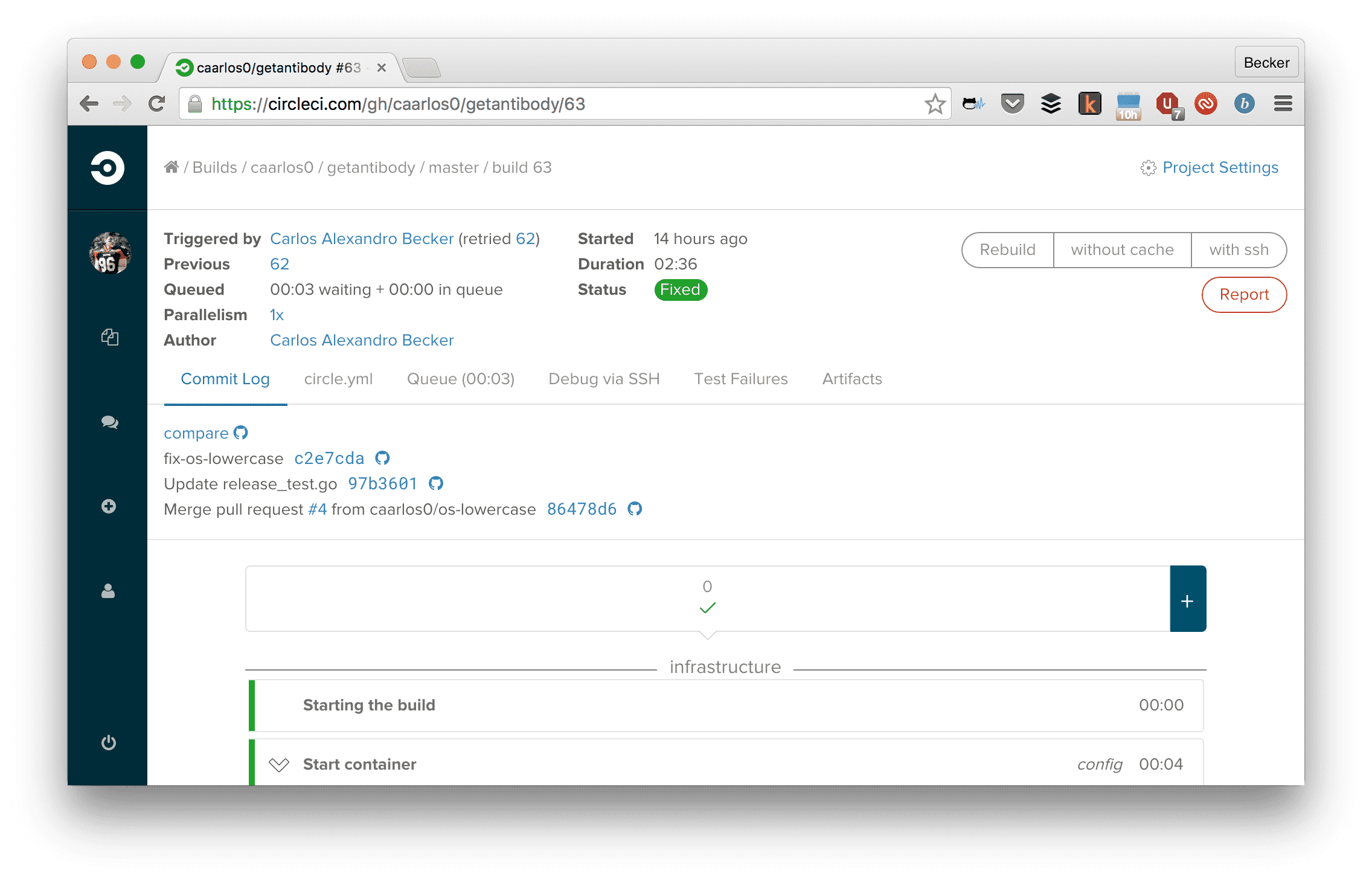Circle CI build screen.