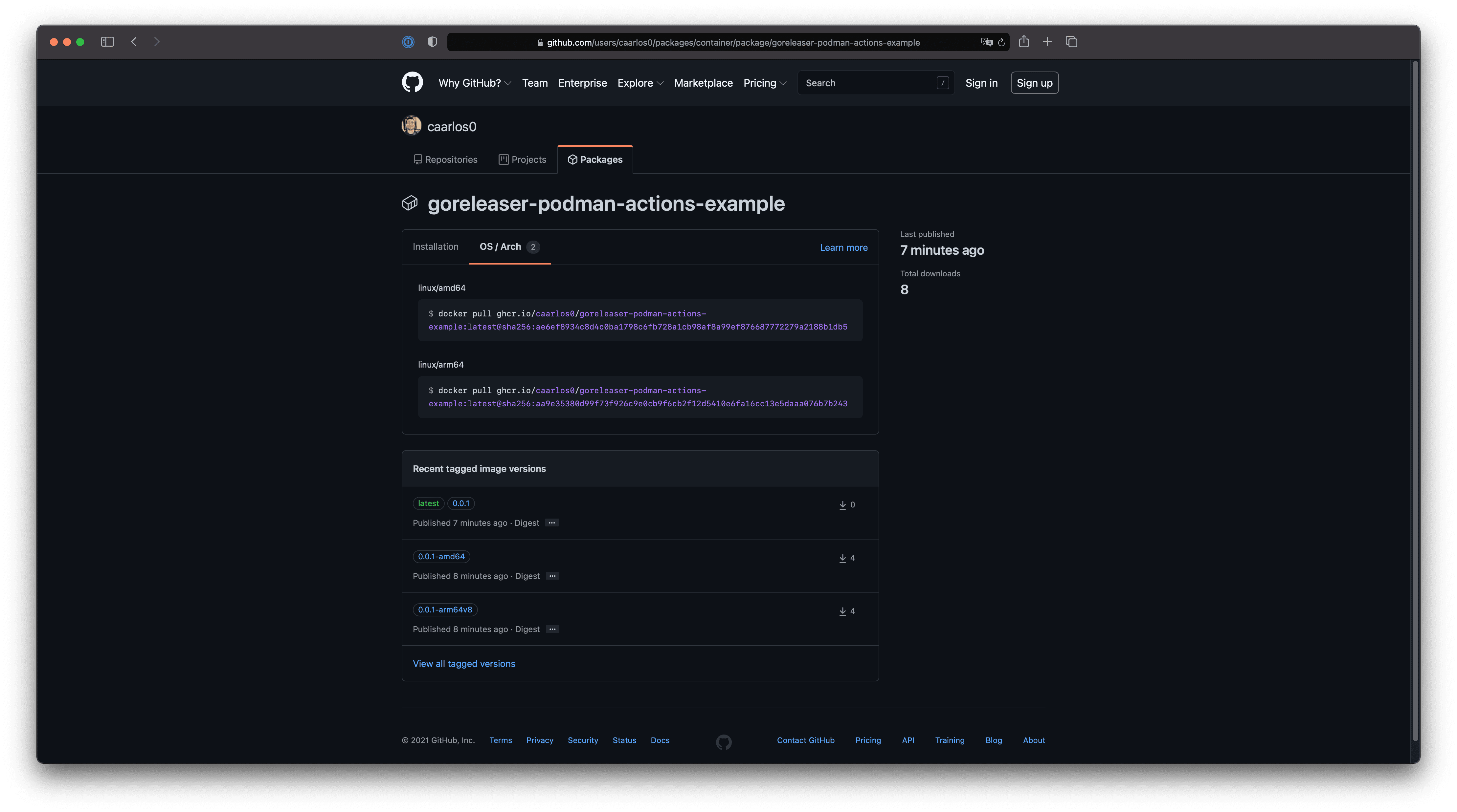 GitHub Container Registry showing both OS/Arch combinations we provided.