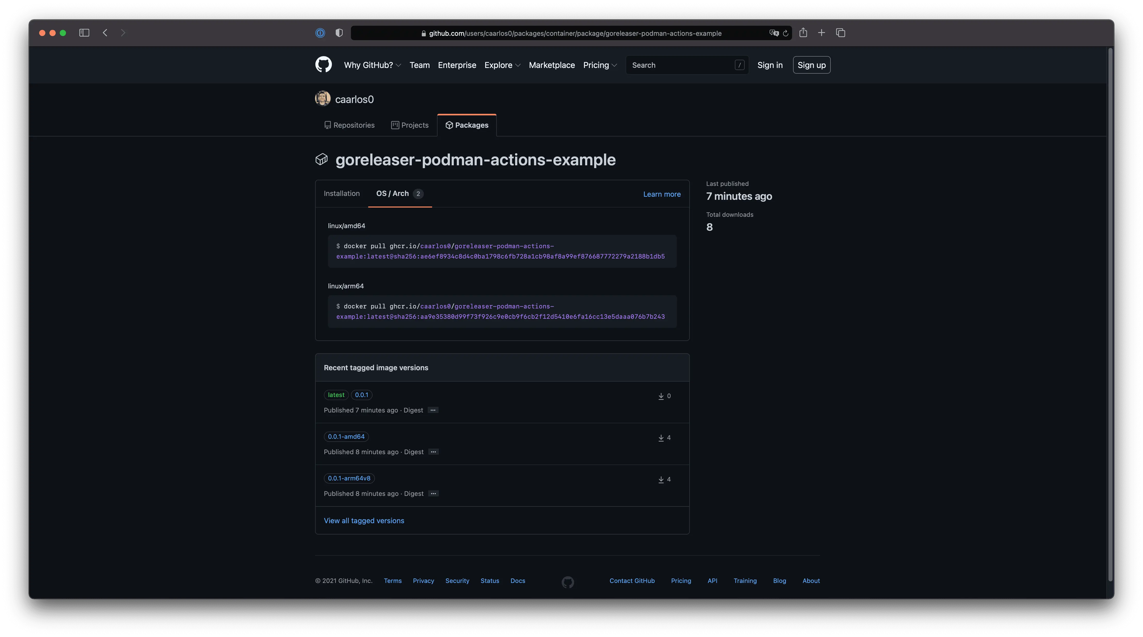 GitHub Container Registry showing both OS/Arch combinations we provided.