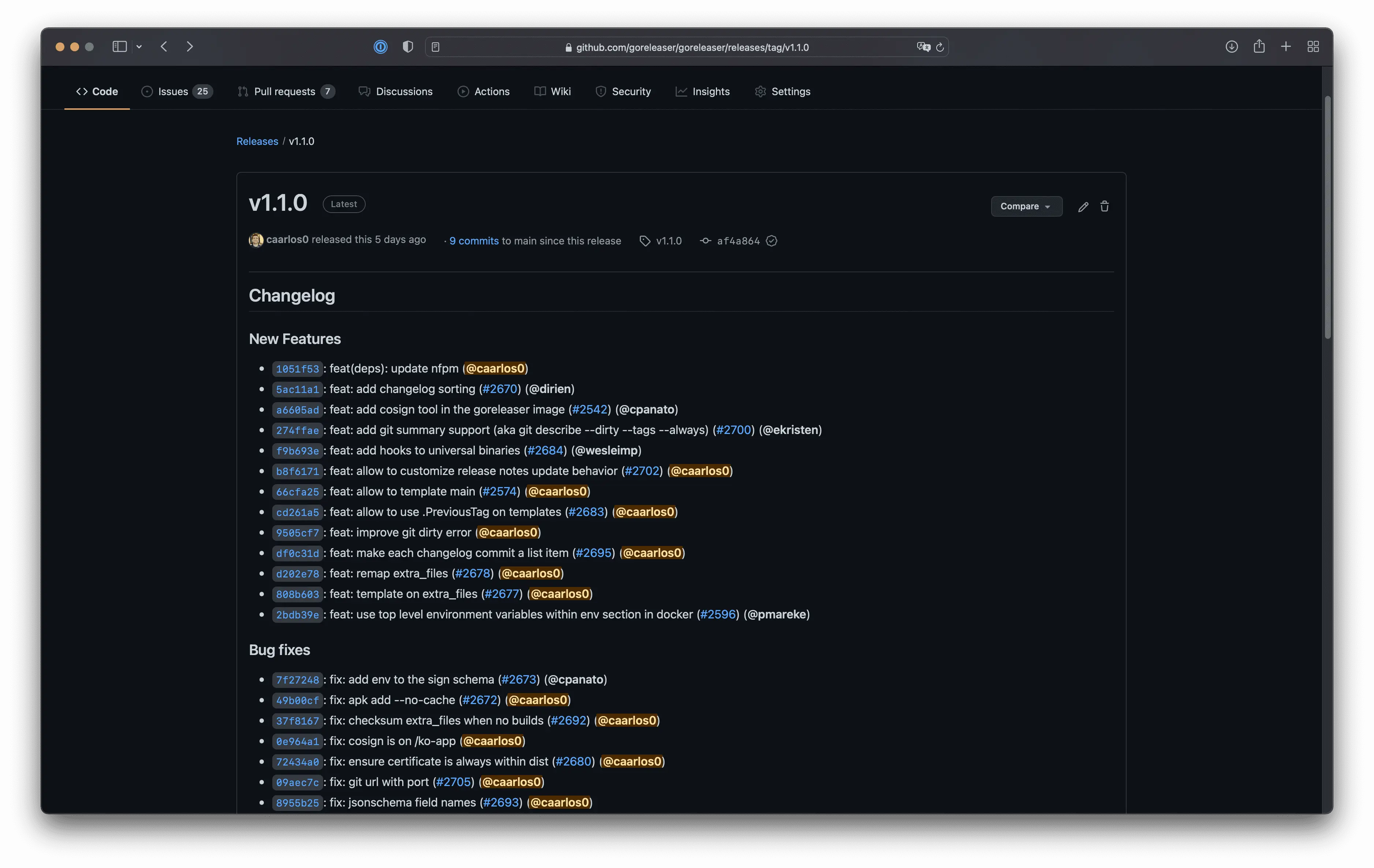 An example release changelog.