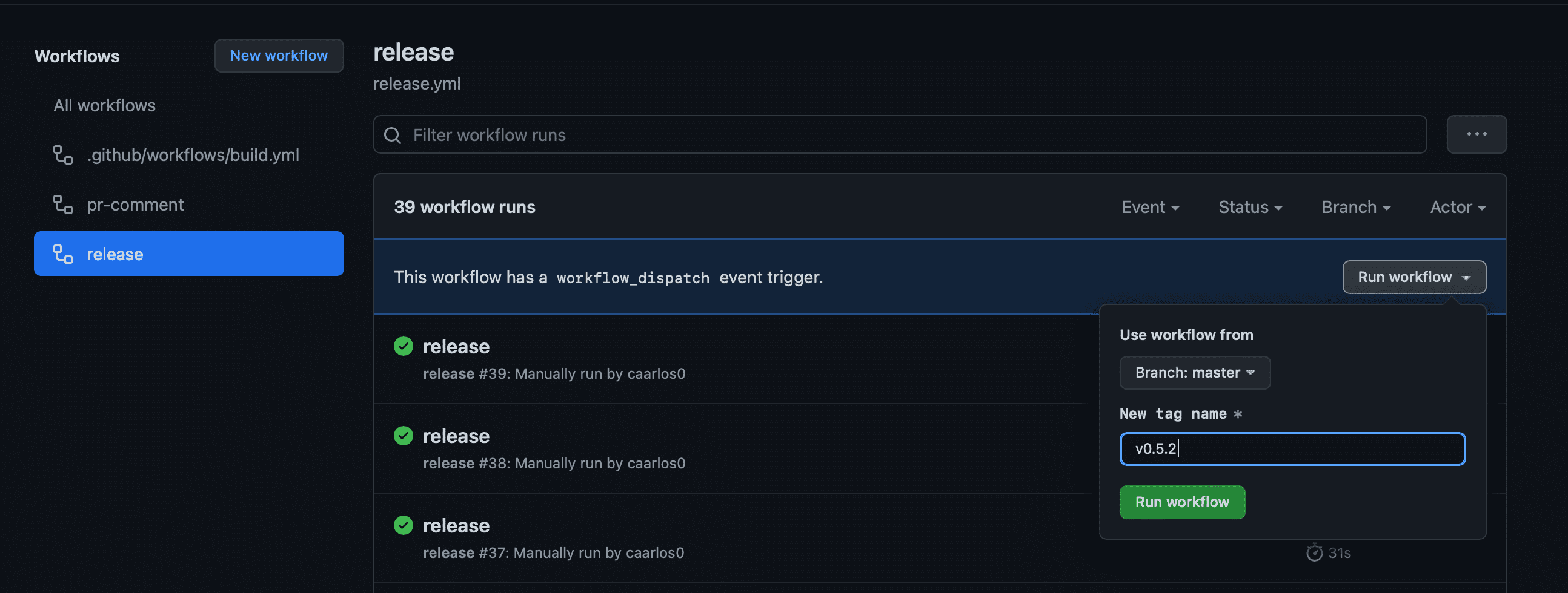 GitHub actions Run workflow