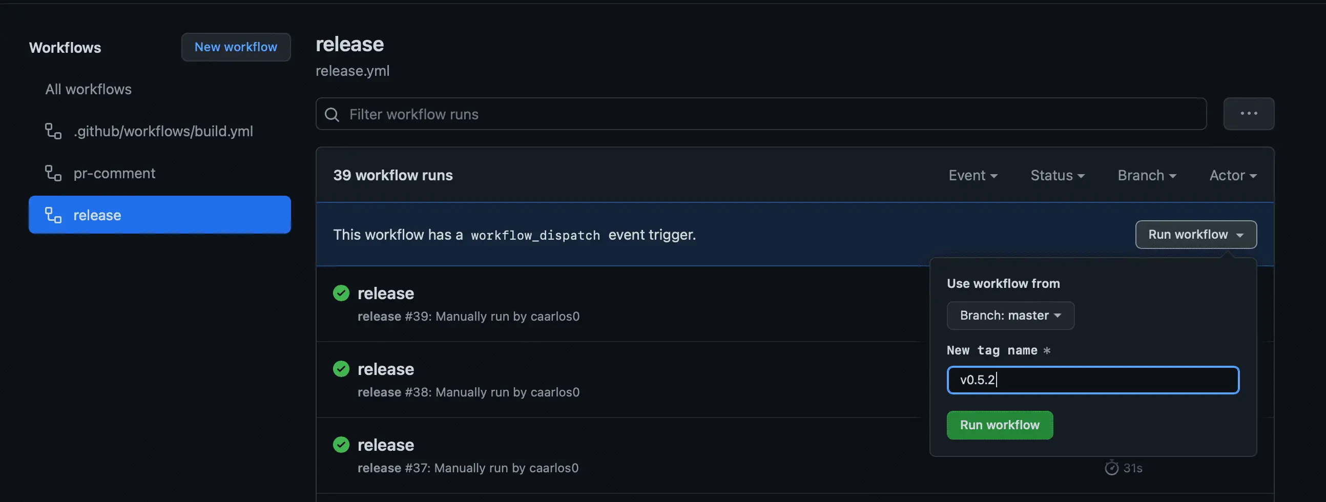 GitHub actions Run workflow
