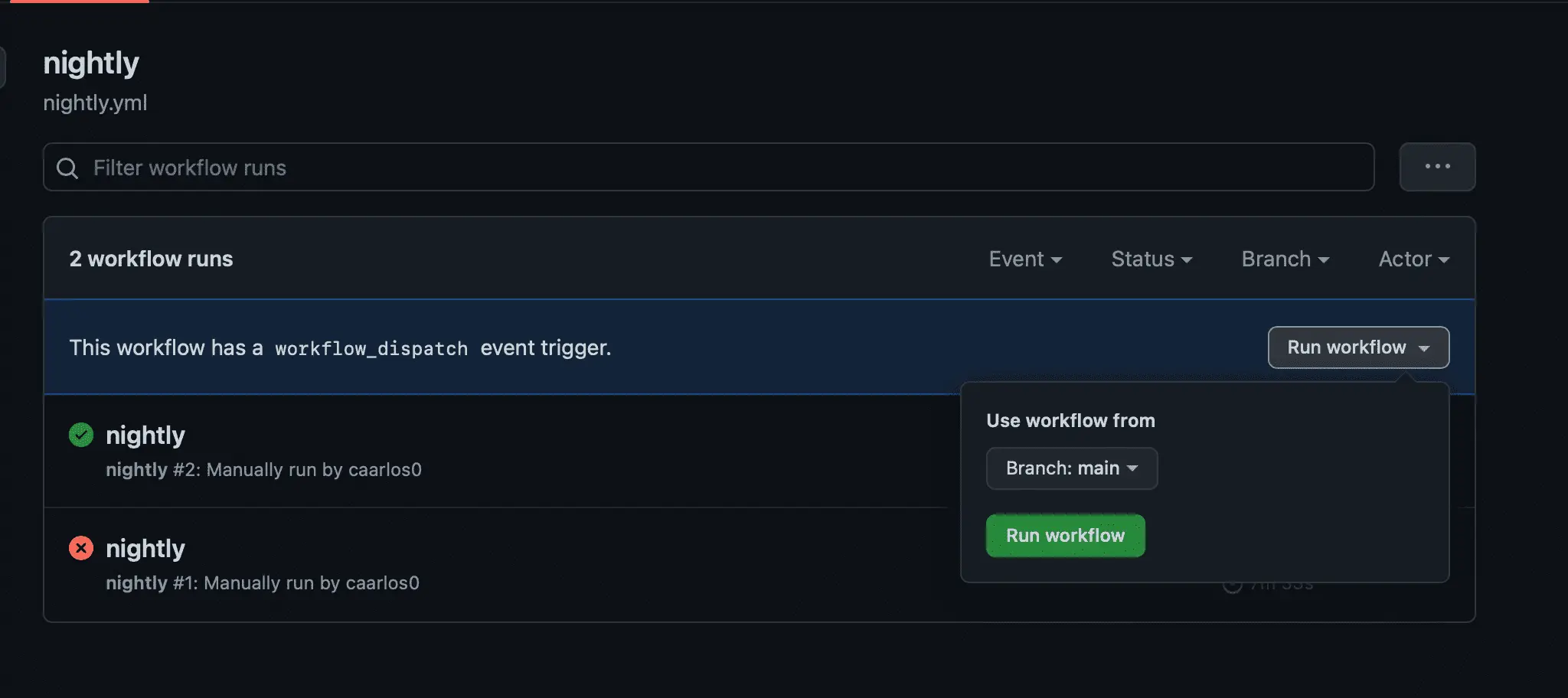 GitHub actions Run workflow